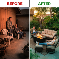 7 Piece Outdoor Patio Furniture Set, Patio Furniture Set with Fire Pit Table Rattan Wicker Patio Furniture Set, Brown Wicker & Beige Cushion — Before & After