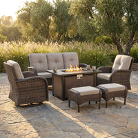 7 Piece Outdoor Patio Furniture Set, Patio Furniture Set with Fire Pit Table Rattan Wicker Patio Furniture Set, Brown Wicker & Beige Cushion — Studio Shot