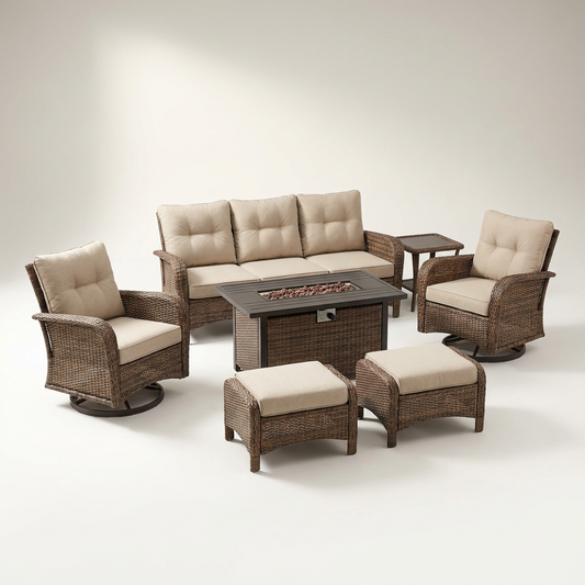 7 Piece Outdoor Patio Furniture Set, Patio Furniture Set with Fire Pit Table Rattan Wicker Patio Furniture Set, Brown Wicker & Beige Cushion — Studio Shot