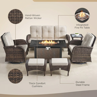 7 Piece Outdoor Patio Furniture Set, Patio Furniture Set with Fire Pit Table Rattan Wicker Patio Furniture Set, Brown Wicker & Beige Cushion — infographic