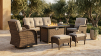 7 Piece Outdoor Patio Furniture Set, Patio Furniture Set with Fire Pit Table Rattan Wicker Patio Furniture Set, Brown Wicker & Beige Cushion — Lifestyle