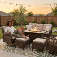 7 Piece Outdoor Patio Furniture Set, Patio Furniture Set with Fire Pit Table Rattan Wicker Patio Furniture Set, Brown Wicker & Beige Cushion — Lifestyle