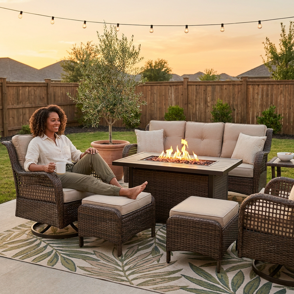 Patio Furniture Set Built for Year-Round Gatherings, Fire Pit Table, Weather-Resistant Wicker, 4-Inch Cushions