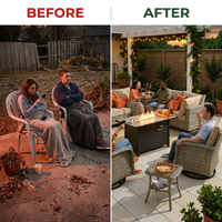 9 Pieces Patio Furniture Set All Weather Wicker Outdoor Conversation Set with 42" Fire Pit outside Furniture Patio Sofa with Swivel Chairs & Solar Table, Beige — Before & After
