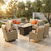 9 Pieces Patio Furniture Set All Weather Wicker Outdoor Conversation Set with 42" Fire Pit outside Furniture Patio Sofa with Swivel Chairs & Solar Table, Beige — Studio Shot