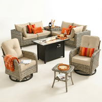 9 Pieces Patio Furniture Set All Weather Wicker Outdoor Conversation Set with 42" Fire Pit outside Furniture Patio Sofa with Swivel Chairs & Solar Table, Beige — Studio Shot