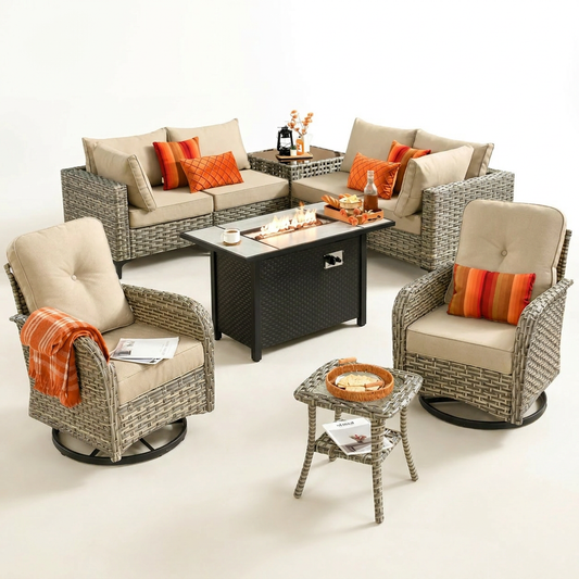 9 Pieces Patio Furniture Set All Weather Wicker Outdoor Conversation Set with 42" Fire Pit outside Furniture Patio Sofa with Swivel Chairs & Solar Table, Beige — Studio Shot