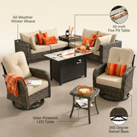9 Pieces Patio Furniture Set All Weather Wicker Outdoor Conversation Set with 42" Fire Pit outside Furniture Patio Sofa with Swivel Chairs & Solar Table, Beige — infographic