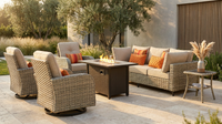 9 Pieces Patio Furniture Set All Weather Wicker Outdoor Conversation Set with 42" Fire Pit outside Furniture Patio Sofa with Swivel Chairs & Solar Table, Beige — Lifestyle