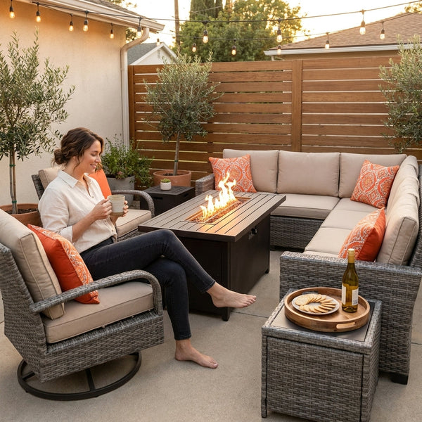 Patio Furniture Set Designed for Year-Round Entertaining, 42" Fire Pit, Swivel Chairs, Modular Seating