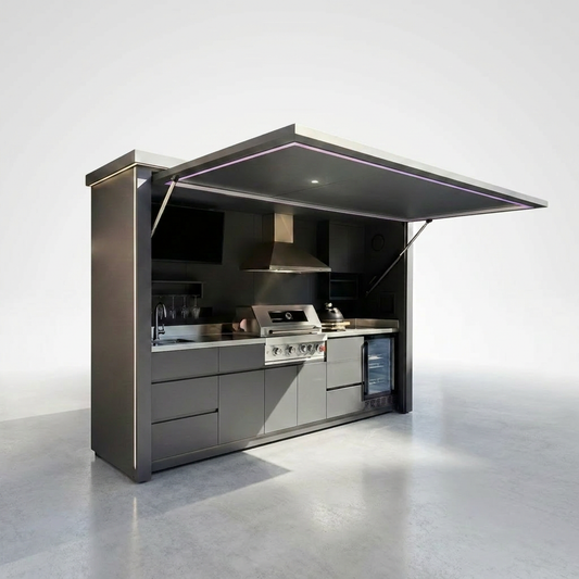 Customized Multi Functional Outdoor Kitchen BBQ Pod with Shelter Moisture Resistant Stainless Steel Outdoor Kitchen Patio Shed — Studio Shot