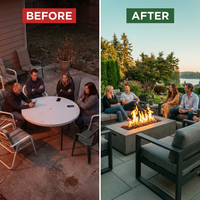 Matteau Low 60 In. L X 12 In. H Outdoor Rectangular Concrete Composite Propane Fire Table in Flint with Vinyl Cover — Before & After