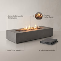 Matteau Low 60 In. L X 12 In. H Outdoor Rectangular Concrete Composite Propane Fire Table in Flint with Vinyl Cover — infographic
