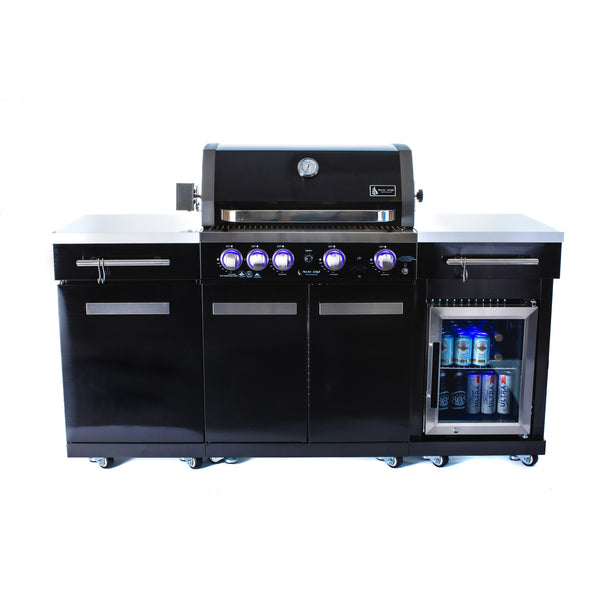 Premium 70" Black Stainless Steel Outdoor Kitchen Island with Refrigerator + 32"W 4-Burner BBQ Grill with Rear Burner