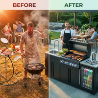 Outdoor Kitchen Island Black Stainless Steel with Sink & 46-Inch 4-Burner 72000 BTU Grill, Wine Cooler, Refrigerator, Rotisserie Kit & Granite Countertops — Before & After