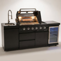 Outdoor Kitchen Island Black Stainless Steel with Sink & 46-Inch 4-Burner 72000 BTU Grill, Wine Cooler, Refrigerator, Rotisserie Kit & Granite Countertops — Studio Shot