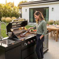 Outdoor Kitchen Island Black Stainless Steel with Sink & 46-Inch 4-Burner 72000 BTU Grill, Wine Cooler, Refrigerator, Rotisserie Kit & Granite Countertops — Lifestyle