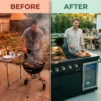 Outdoor Kitchen Island Built for Backyard Entertaining, 72000 BTU 4-Burner Grill, Granite Countertops, Wine Cooler — Before & After