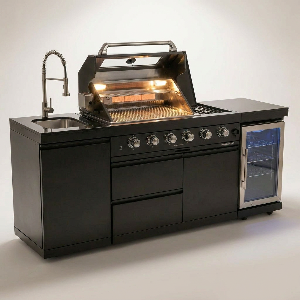 Outdoor Kitchen Island Built for Backyard Entertaining, 72000 BTU 4-Burner Grill, Granite Countertops, Wine Cooler — Studio Shot