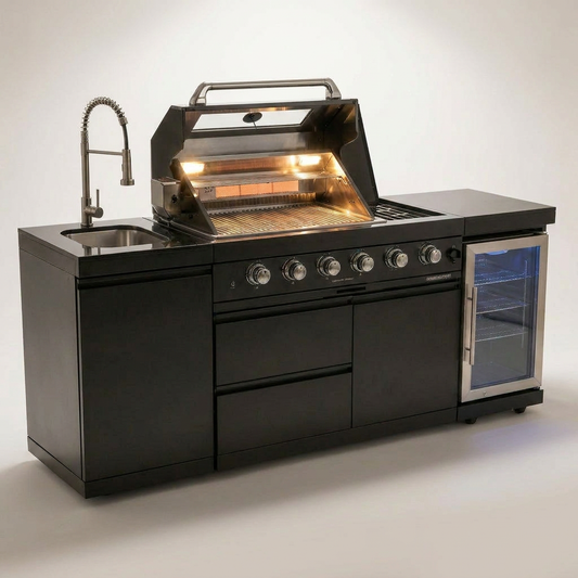 Outdoor Kitchen Island Built for Backyard Entertaining, 72000 BTU 4-Burner Grill, Granite Countertops, Wine Cooler — Studio Shot