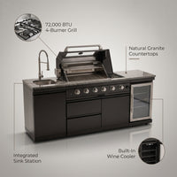 Outdoor Kitchen Island Built for Backyard Entertaining, 72000 BTU 4-Burner Grill, Granite Countertops, Wine Cooler — infographic